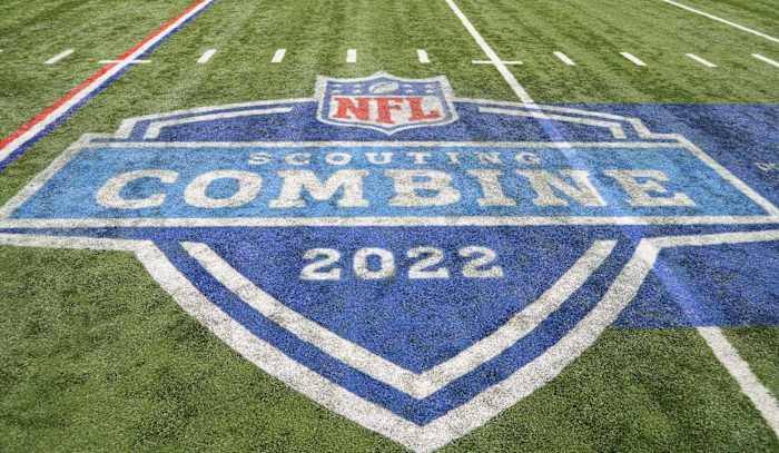 Mar 3, 2022; Indianapolis, IN, USA;General view of the NFL Scouting Combine logo on the field during the 2022 NFL Scouting Combine at Lucas Oil Stadium. Mandatory Credit: Kirby Lee-USA TODAY Sports